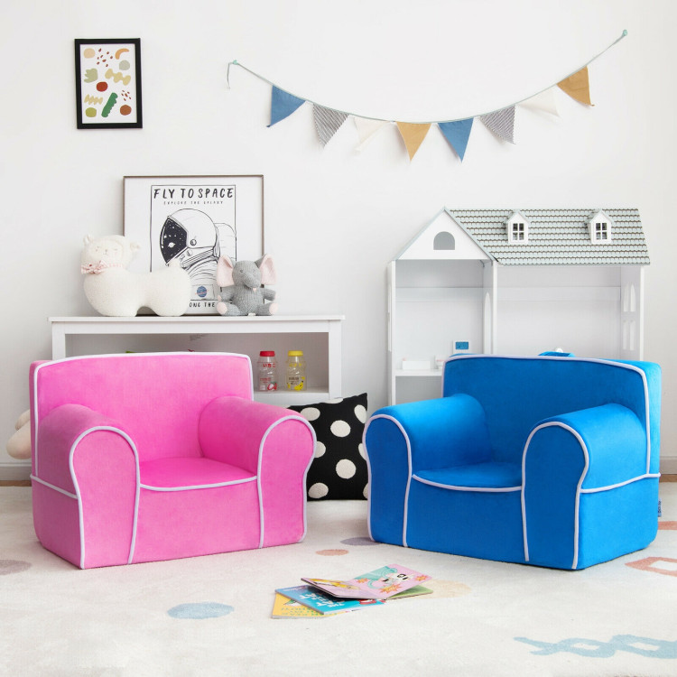 Upholstered Kids Sofa with Velvet Fabric and High-Quality Sponge-BlueCostway Gallery View 6 of 11