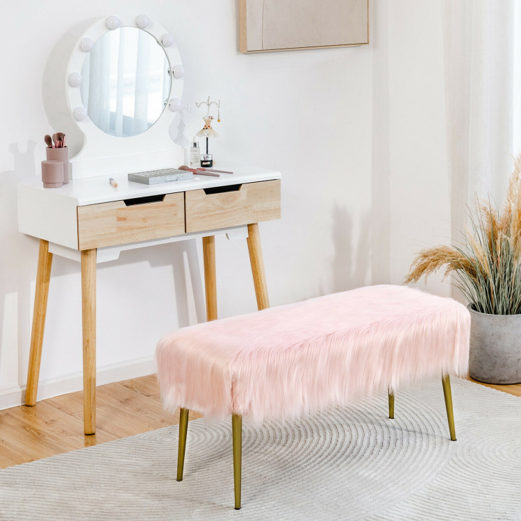 Upholstered Faux Fur Vanity Stool with Golden Legs for Makeup Room-PinkCostway Gallery View 6 of 10