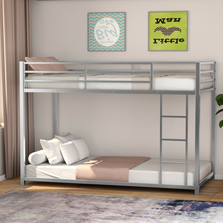 Sturdy Metal Bunk Bed Frame Twin Over Twin with Safety Guard Rails and Side Ladder-SilverCostway Gallery View 8 of 13