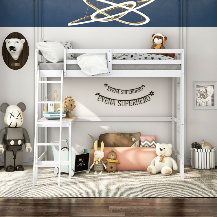 Twin Size Loft Bed Frame with Desk Angled and Built-in Ladder-WhiteCostway Gallery View 7 of 12