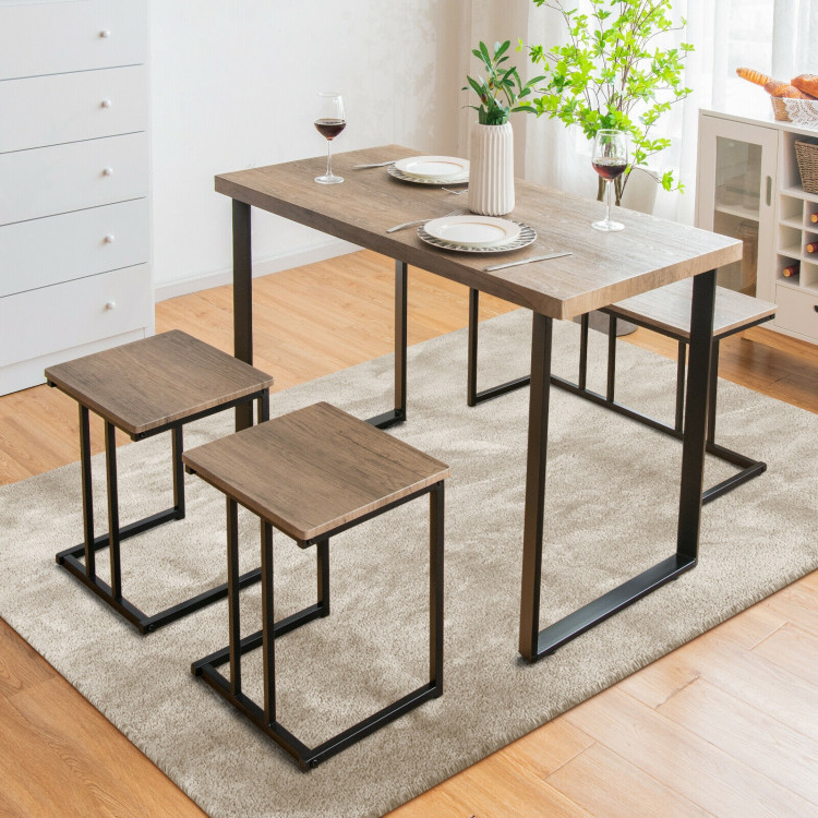 4 Pieces Industrial Dinette Set with Bench and 2 Stools-OakCostway Gallery View 1 of 11