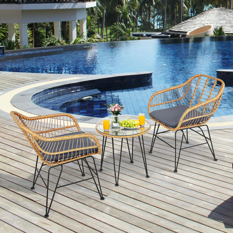 3 Pieces Rattan Furniture Set with Cushioned Chair Table-GrayCostway Gallery View 8 of 12