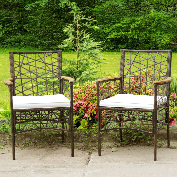 2 Pieces PE Wicker Patio Bistro Dining Chairs with Acacia Wood Armrests and CushionsCostway Gallery View 6 of 8
