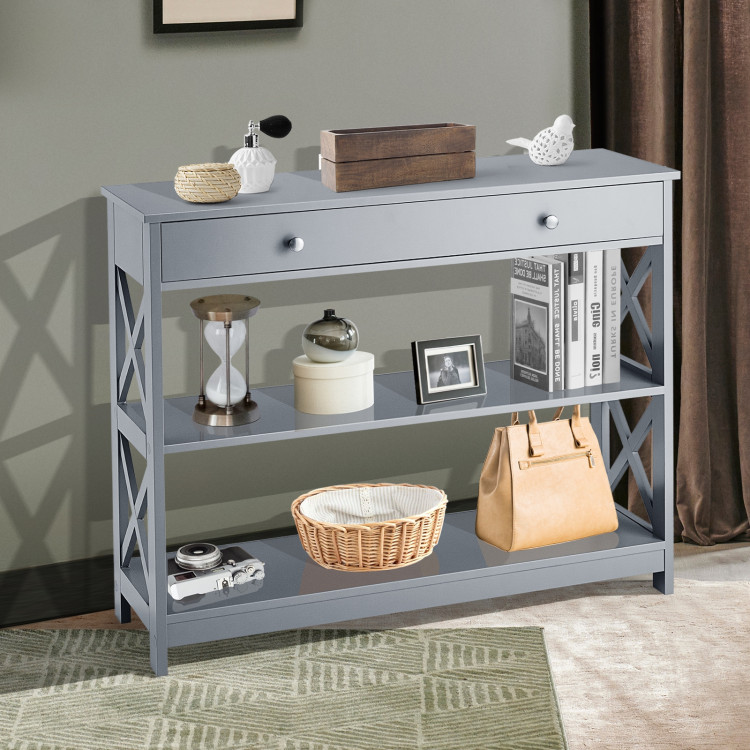 Console Table 3-Tier with Drawer and Storage Shelves-GrayCostway Gallery View 6 of 10