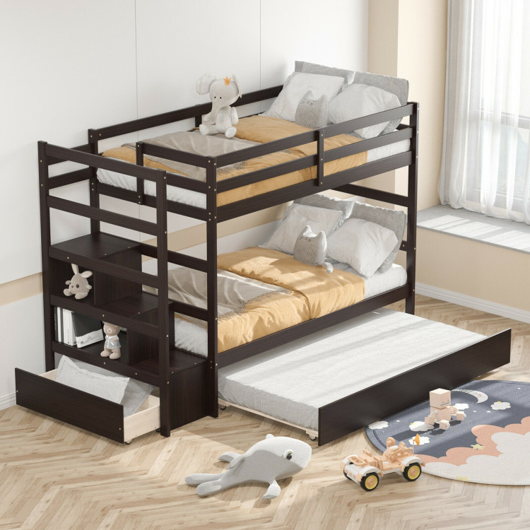Twin Over Twin Bunk Bed with Storage Shelf and Drawer-Dark BrownCostway Gallery View 7 of 9