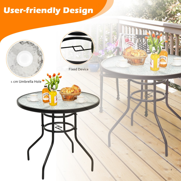 32 Inch Patio Tempered Glass Steel Frame Round Table with Convenient Umbrella HoleCostway Gallery View 5 of 9