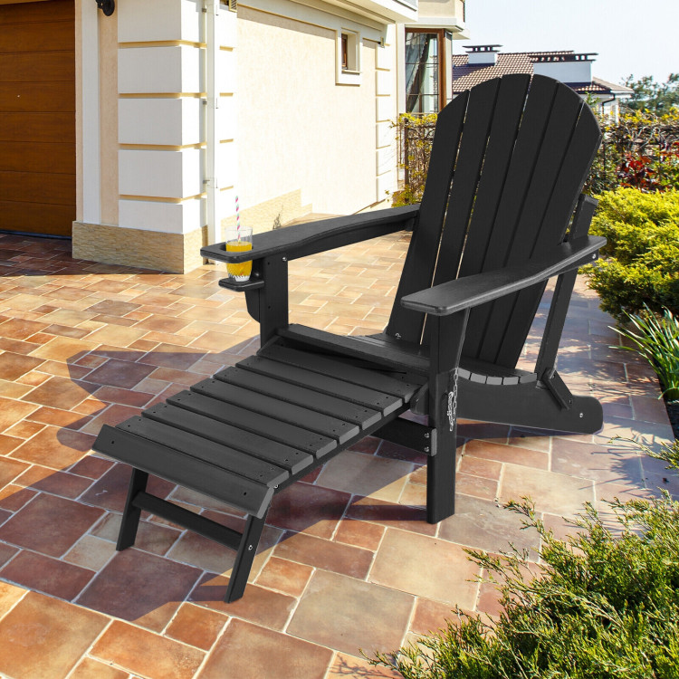 Patio All-Weather Folding Adirondack Chair with Pull-Out Ottoman-BlackCostway Gallery View 6 of 10