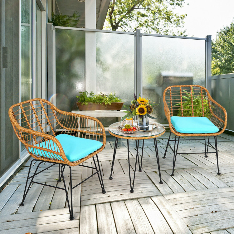 3 Pieces Rattan Furniture Set with Cushioned Chair Table-TurquoiseCostway Gallery View 1 of 11