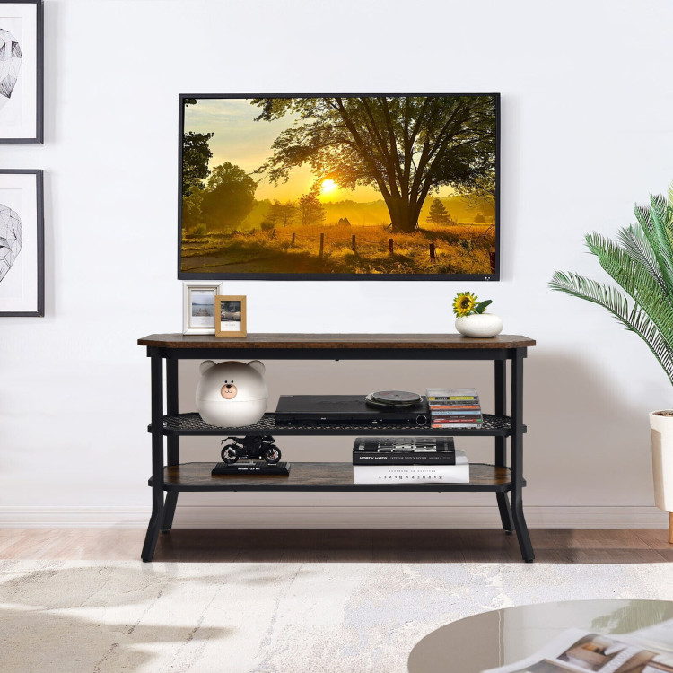 3-tier Console Table TV Stand with Mesh Storage Shelf-Rustic BrownCostway Gallery View 6 of 10