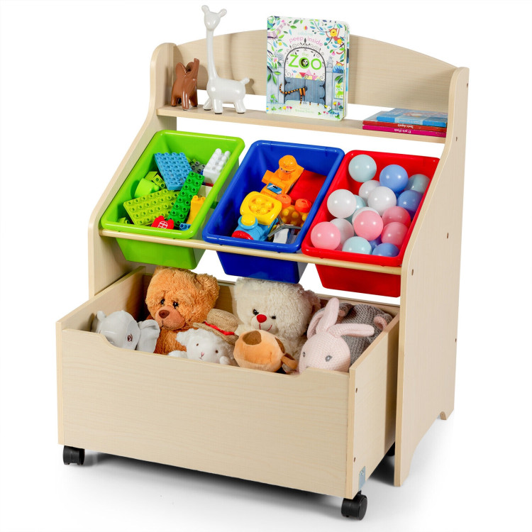 Kids Wooden Toy Storage Unit Organizer with Rolling Toy Box and Plastic Bins-NaturalCostway Gallery View 7 of 12