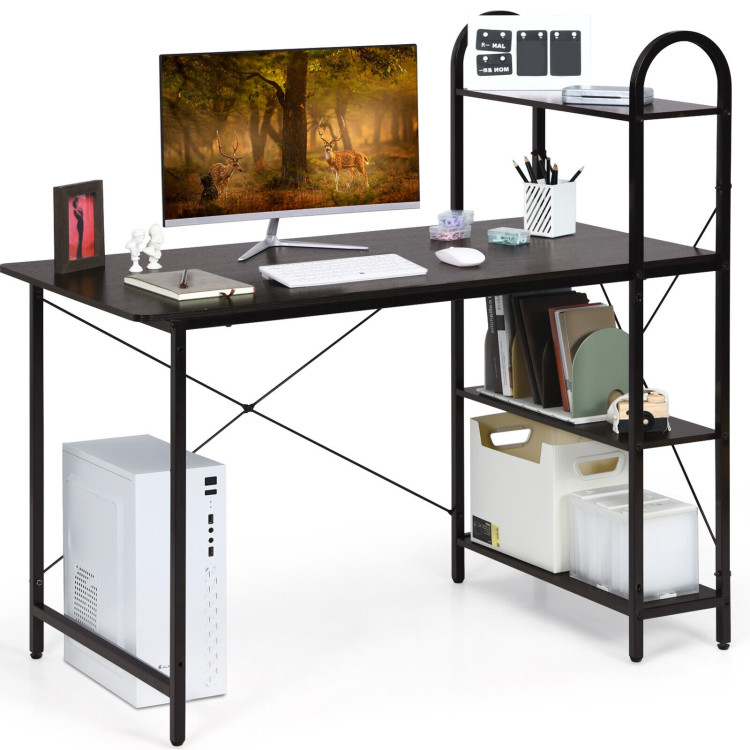 Reversible Computer Desk Study Workstation Home Office 4-tier Bookshelf-BrownCostway Gallery View 4 of 10