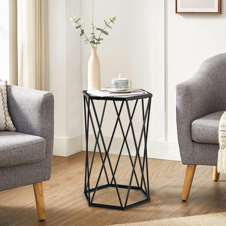 Hexagonal Accent End Table with Tempered Glass Top and Metal FrameCostway Gallery View 7 of 10