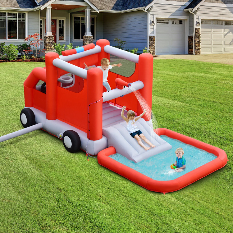 Fire Truck Themed Inflatable Castle Water Park Kids Bounce House with 480W BlowerCostway Gallery View 1 of 12