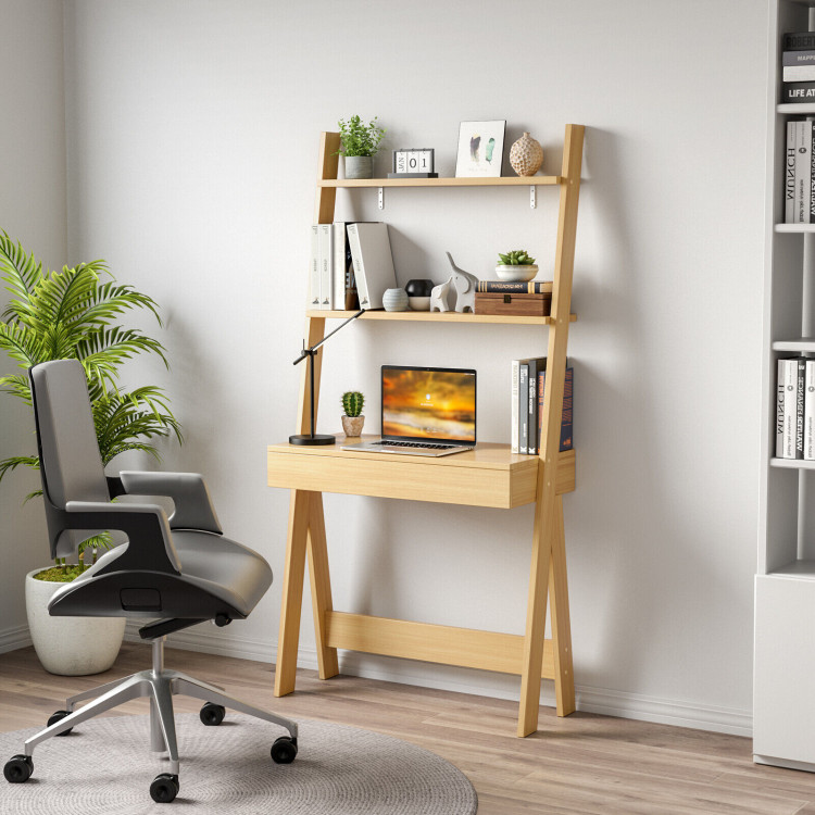 Ladder Shelf Desk Bookcase with Countertop, Drawer and 2 Shelves-NaturalCostway Gallery View 2 of 10