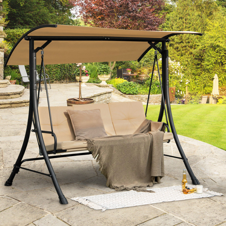 3-Seat Outdoor Porch Swing with Adjustable Canopy and Padded Cushions-BeigeCostway Gallery View 6 of 10