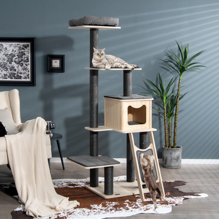 5-Tier Modern Wood Cat Tower with Washable Cushions-GrayCostway Gallery View 6 of 10