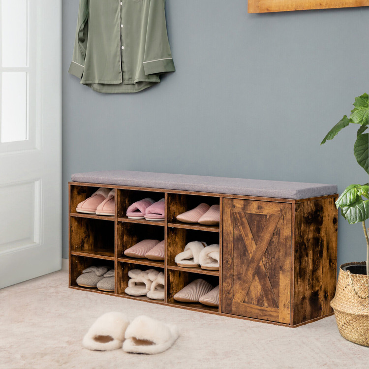 9-cube Adjustable Storage Shoe Bench with Padded Cushion-Rustic BrownCostway Gallery View 2 of 10