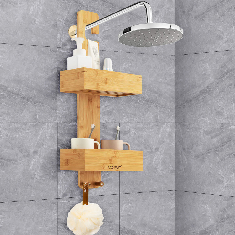 2-Tier Bamboo Hanging Shower Caddy Bathroom Shelf with 2 Hooks-NaturalCostway Gallery View 6 of 10