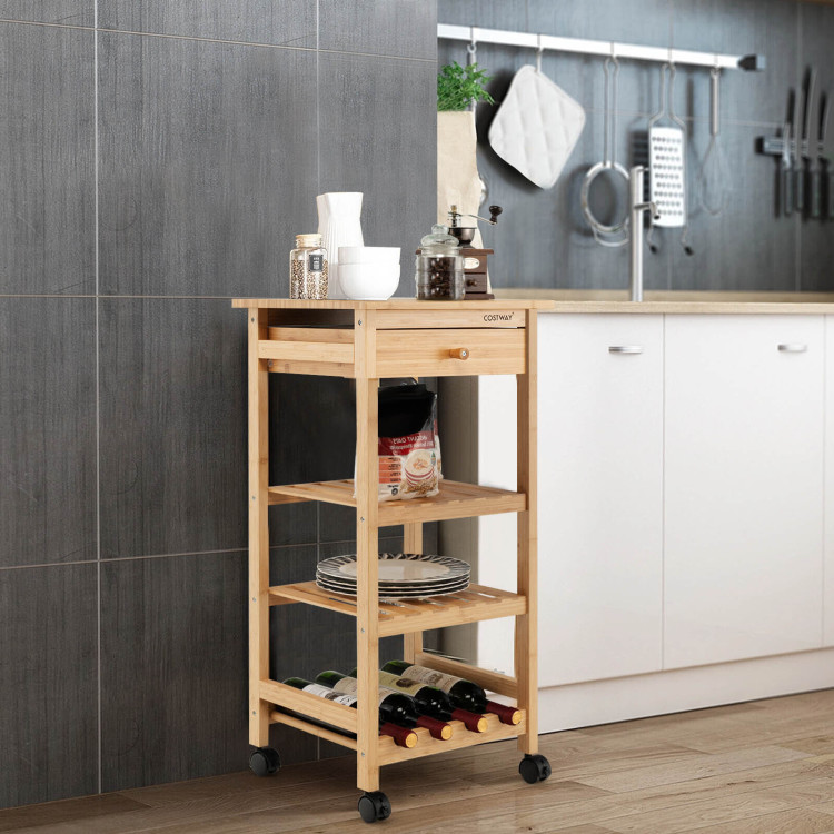 Bamboo Rolling Kitchen Trolley Cart with Drawer and Wine Rack-NaturalCostway Gallery View 7 of 10