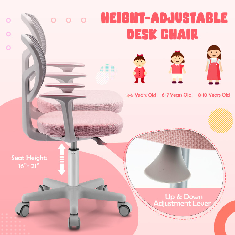 Adjustable Desk Chair with Auto Brake Casters for Kids-PinkCostway Gallery View 3 of 10