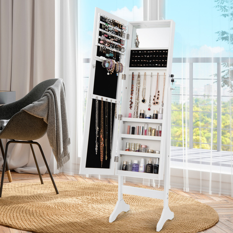 Adjustable Standing Jewelry Cabinet with Full Length Mirror-White - Gallery View 2 of 11