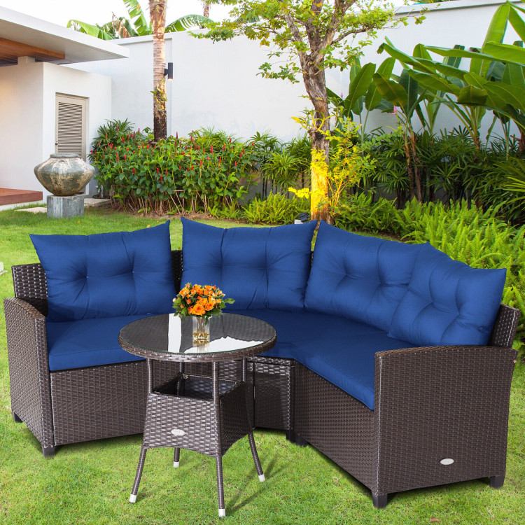 4 Pieces Patio Rattan Furniture Set Cushioned Sofa Glass Table-NavyCostway Gallery View 1 of 11