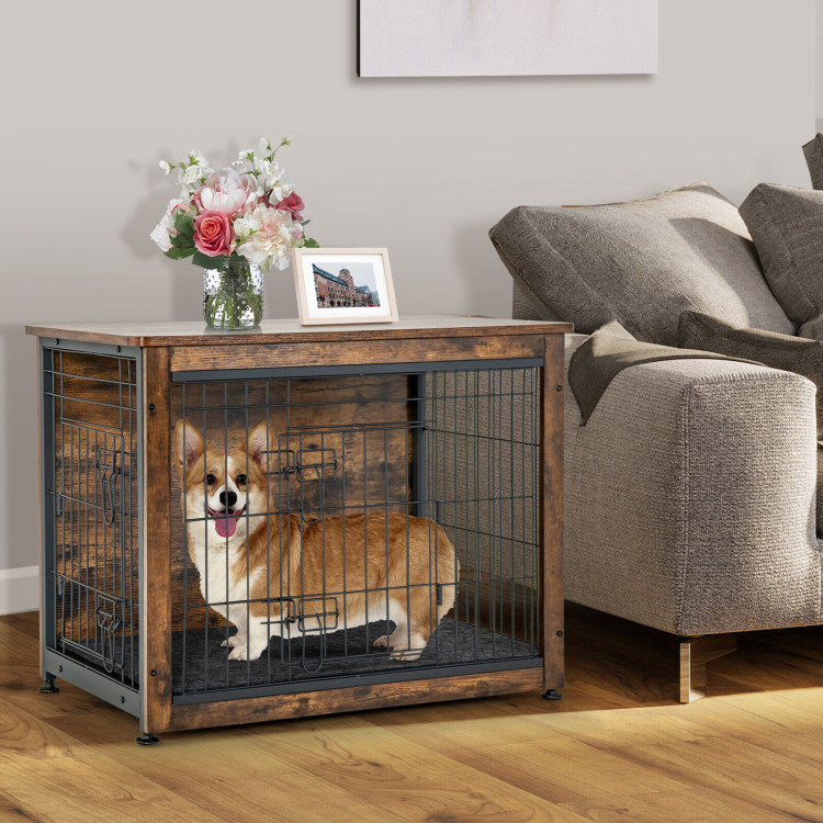 Wooden Dog Crate Furniture with Tray and Double Door-BrownCostway Gallery View 6 of 11