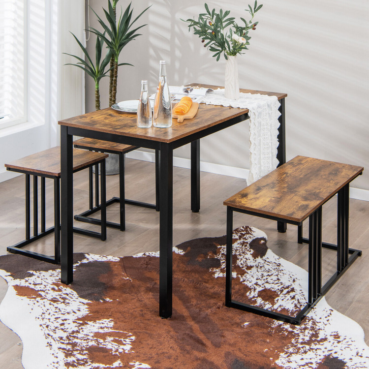 4 Pieces Industrial Dining Table Set with Bench and 2 Stools-BrownCostway Gallery View 1 of 10