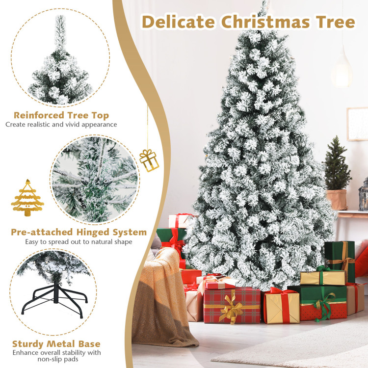 Pre-Lit Premium Snow Flocked Hinged Artificial Christmas Tree - Costway