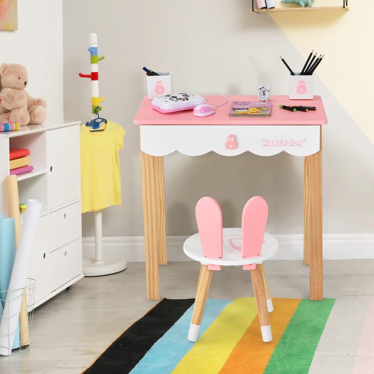 Kids Vanity Set Rabbit Makeup Dressing Table Chair Set with Mirror and Drawer-PinkCostway Gallery View 6 of 12