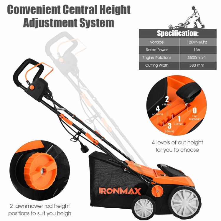 13 Amp Corded Scarifier 15 Inch Electric Lawn Dethatcher with Dual Safety Switch-OrangeCostway Gallery View 9 of 11