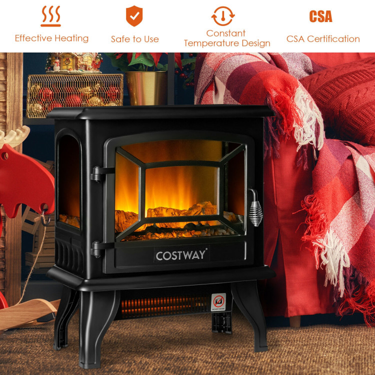 Freestanding Fireplace Heater with Realistic Dancing Flame Effect-BlackCostway Gallery View 7 of 9