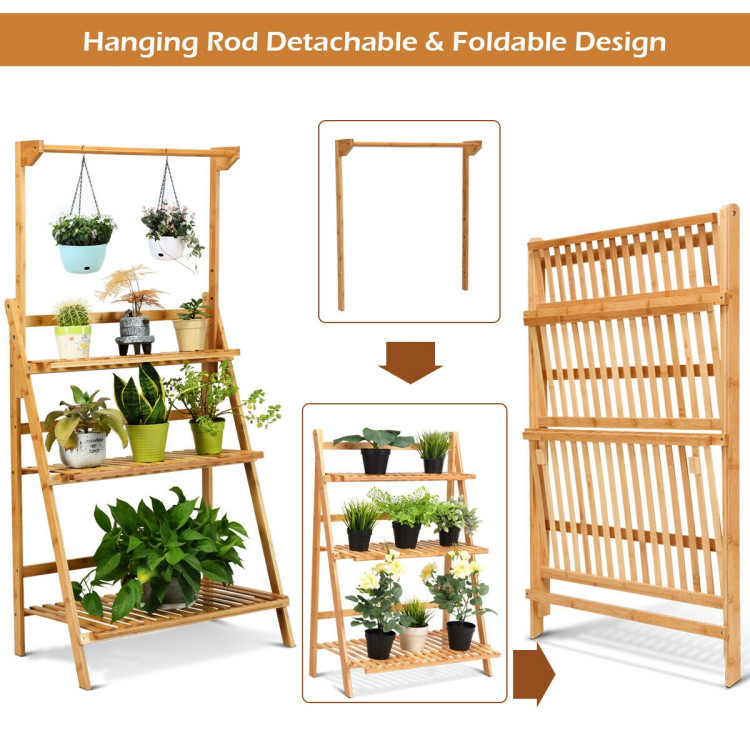 3 Tiers Bamboo Hanging Folding Plant Shelf StandCostway Gallery View 6 of 13