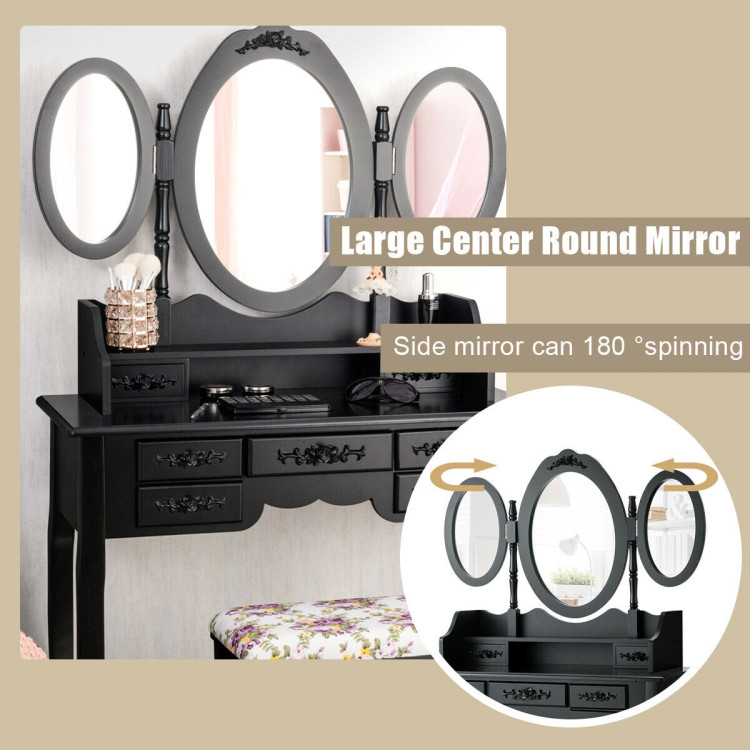 7 Drawer Tri-Folding Mirror Dressing Vanity Makeup Set-BlackCostway Gallery View 2 of 12