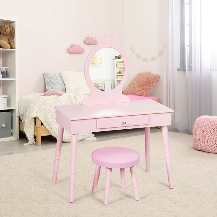 Kids Vanity Makeup Table and Chair Set Make Up StoolCostway Gallery View 2 of 12