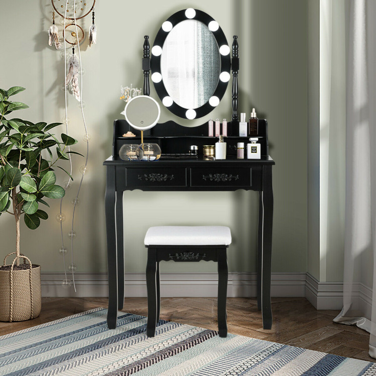 Makeup Dressing Table with Touch Switch Lighted Mirror and Cushioned Stool-BlackCostway Gallery View 3 of 12