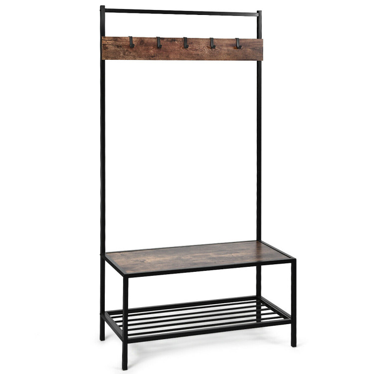3-in-1 Industrial Coat Rack with 2-tier Storage Bench and 5 Hooks-BrownCostway Gallery View 1 of 10