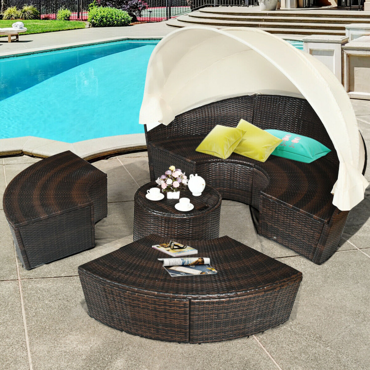 Patio Round Daybed Rattan Furniture Sets with CanopyCostway Gallery View 2 of 12
