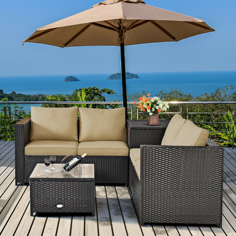 4 Pcs Outdoor Patio Rattan Furniture Set with Cushioned Loveseat and Storage Box-BrownCostway Gallery View 1 of 12
