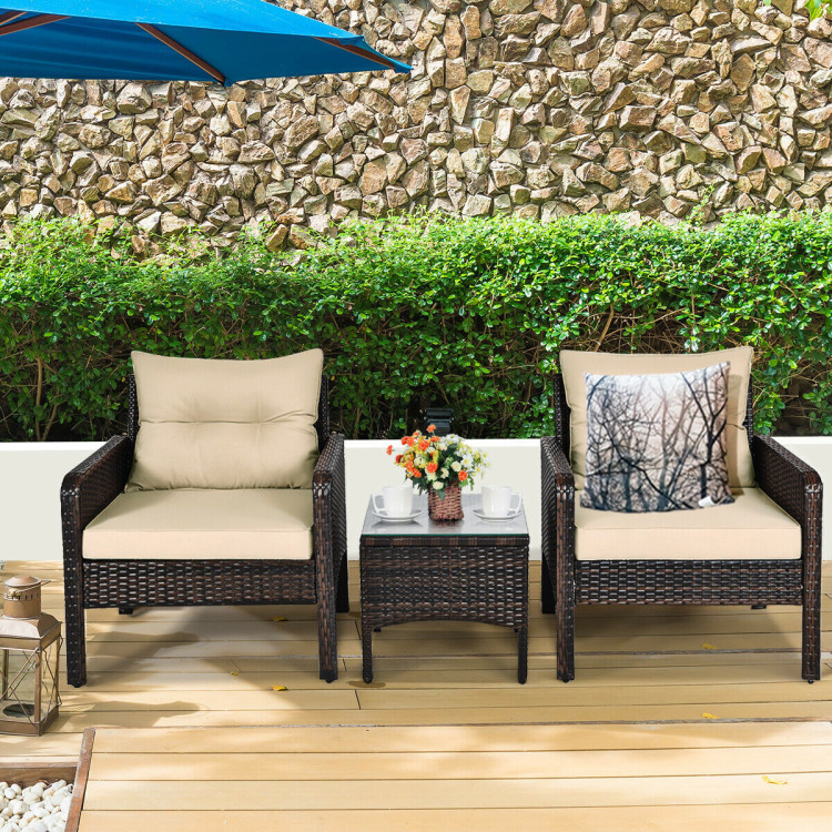 3 Pieces Outdoor Patio Rattan Conversation Set with Seat Cushions-BeigeCostway Gallery View 1 of 11