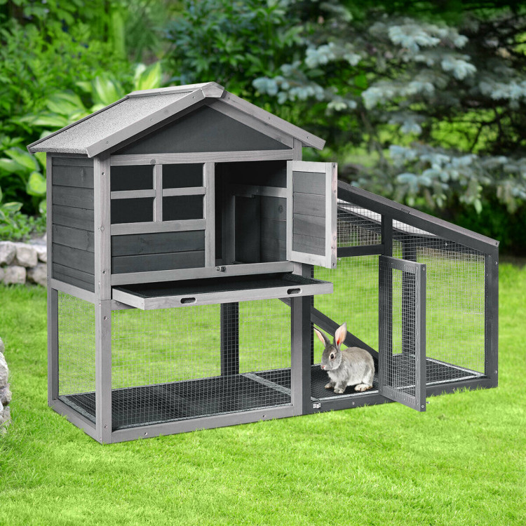56.5 Inch Length Wooden Rabbit Hutch with Pull out Tray and RampCostway Gallery View 2 of 11