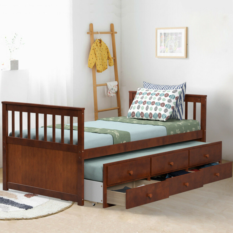 Twin Captain’s Bed with Trundle and 3 Storage Drawers-WalnutCostway Gallery View 7 of 12