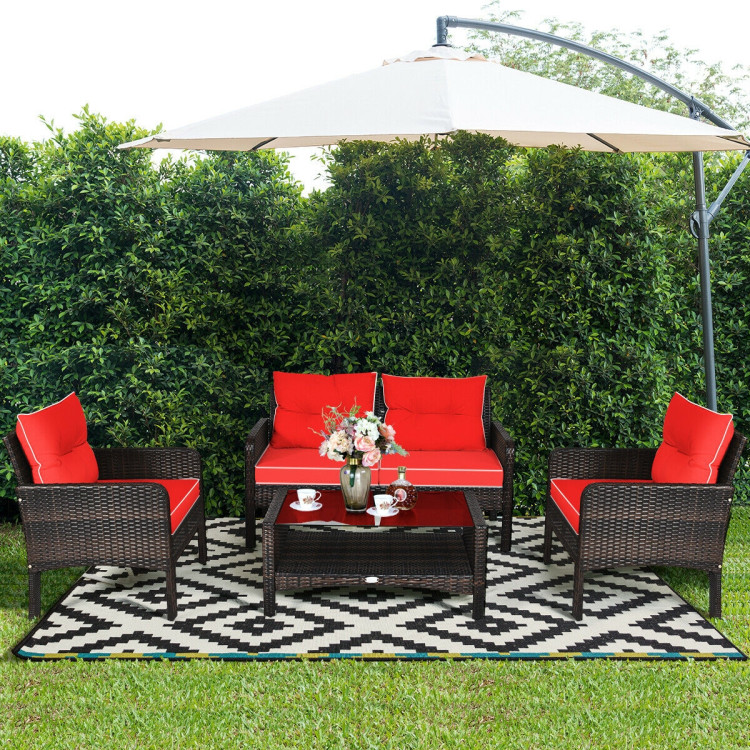 4 Pieces Outdoor Rattan Wicker Loveseat Furniture Set with Cushions-RedCostway Gallery View 2 of 9