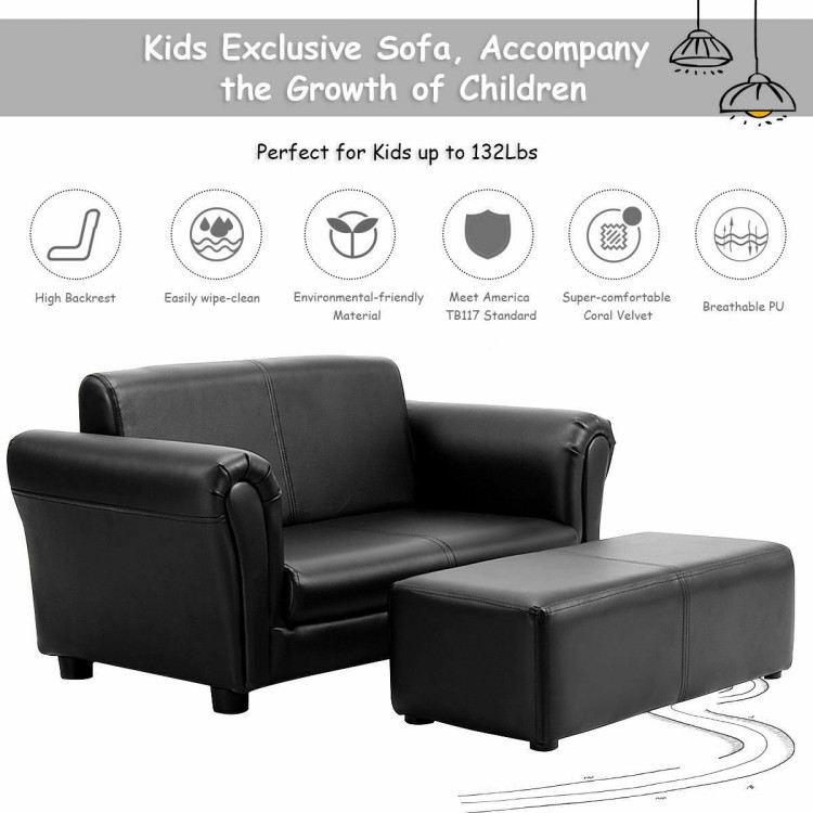 Black/White Kids Double Sofa with Ottoman-BlackCostway Gallery View 5 of 12