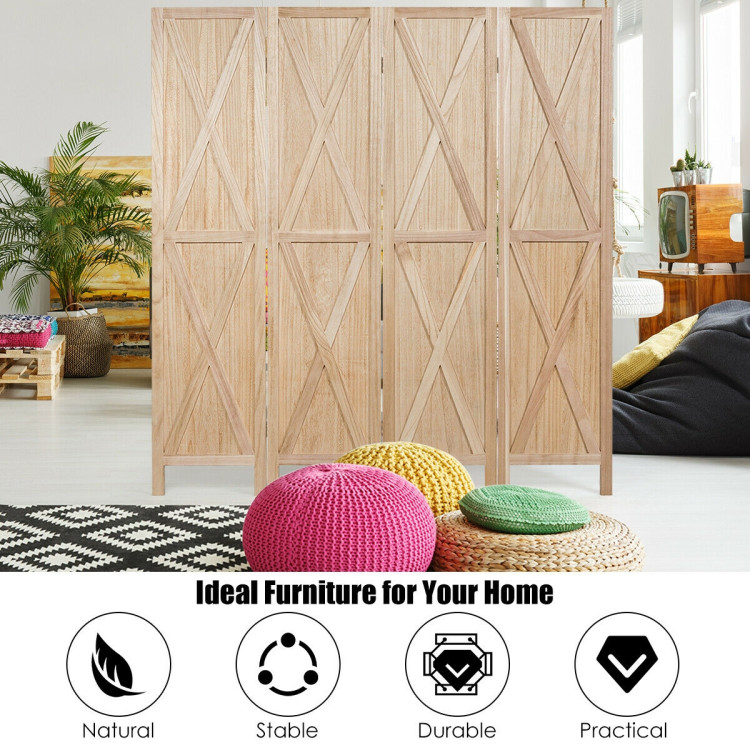 5.6 Ft 4 Panels Folding Wooden Room Divider-NaturalCostway Gallery View 2 of 12