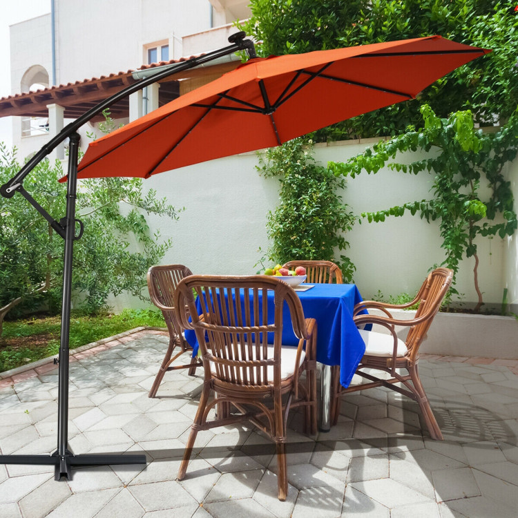 10 ft 360° Rotation Solar Powered LED Patio Offset Umbrella without Weight Base-OrangeCostway Gallery View 7 of 12