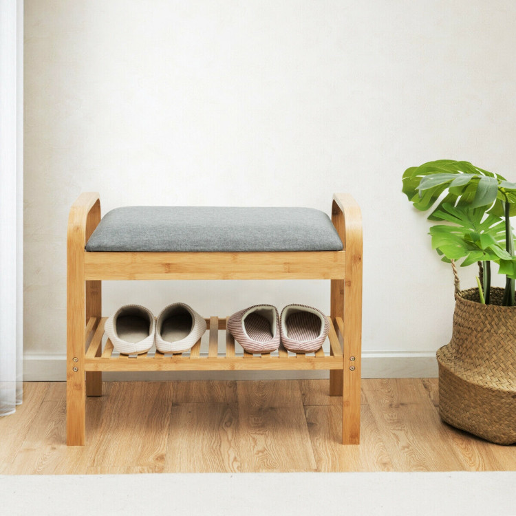 Shoe Rack Bench Bamboo with Storage Shelf -NaturalCostway Gallery View 2 of 12