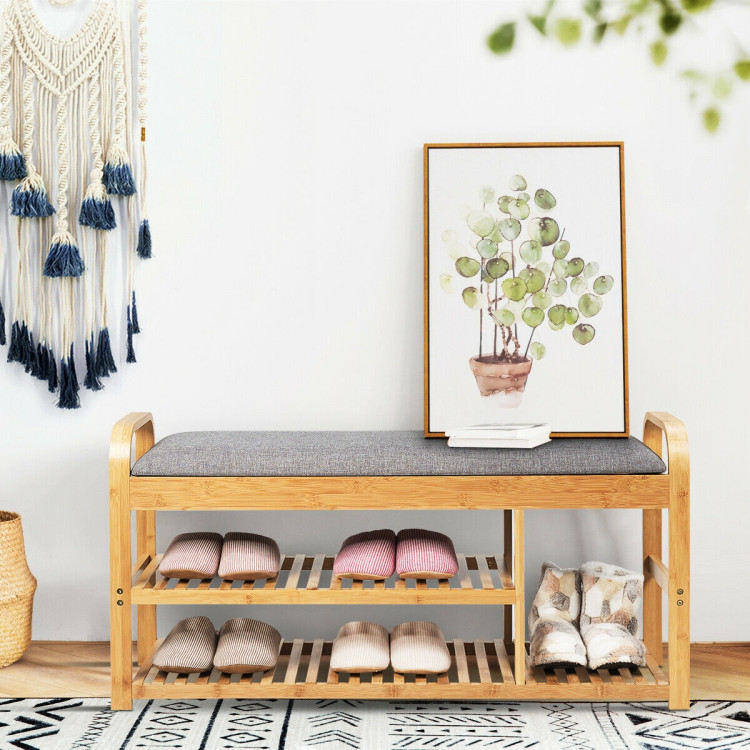 3-Tier Bamboo Shoe Rack Bench with Cushion-NaturalCostway Gallery View 1 of 12