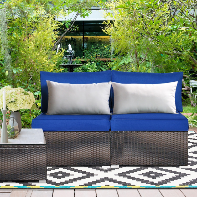 2 Pieces Patio Rattan Armless Sofa Set with 2 Cushions and 2 Pillows-NavyCostway Gallery View 7 of 11
