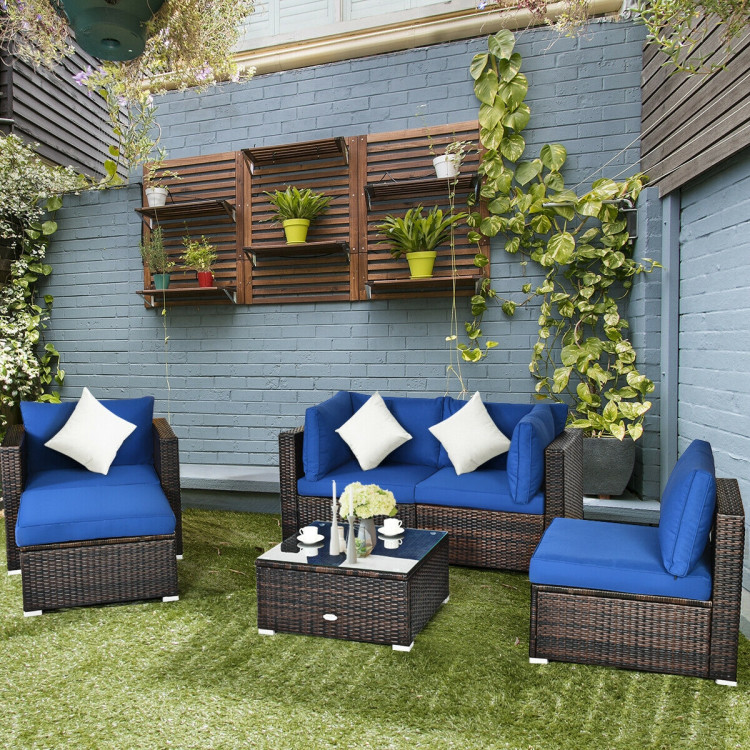 6 Pcs Patio Rattan Furniture Set with Sectional Cushion-BlueCostway Gallery View 7 of 15